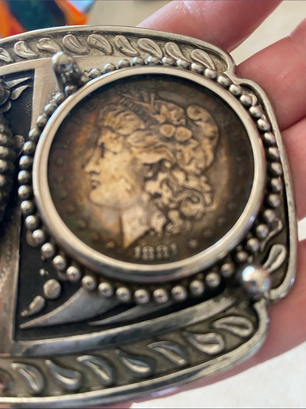 Antique Silver Tone Double Coin Buckle with Morgan Coins